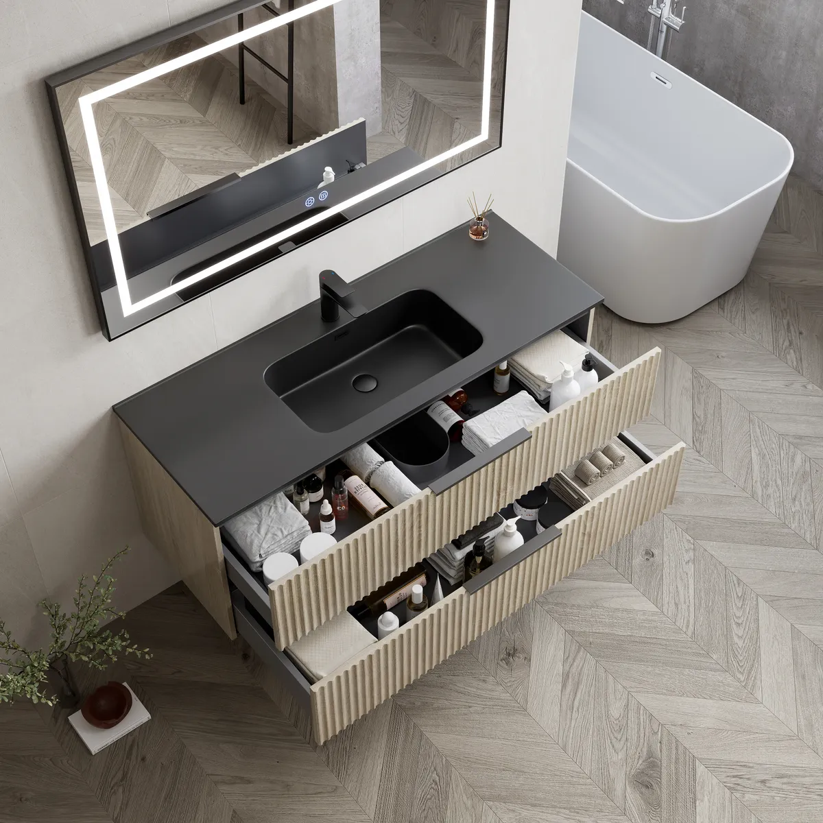 Linea Wall-Mounted Bathroom Vanity Cabinet with Single Basin storage detail