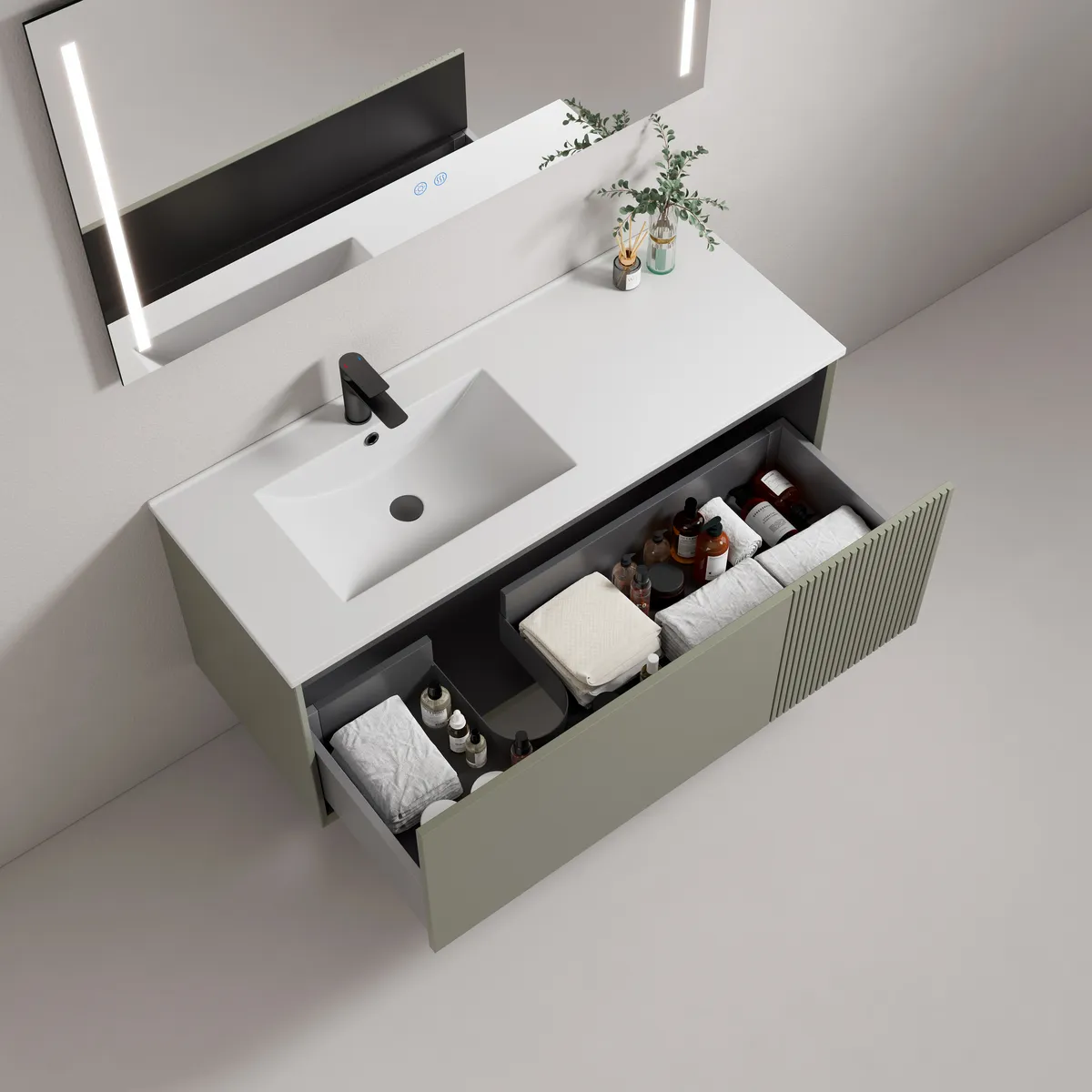 Linea Half-FlutedWall-Mounted Bathroom Vanity Cabinet with Left Offset Basin storage detail