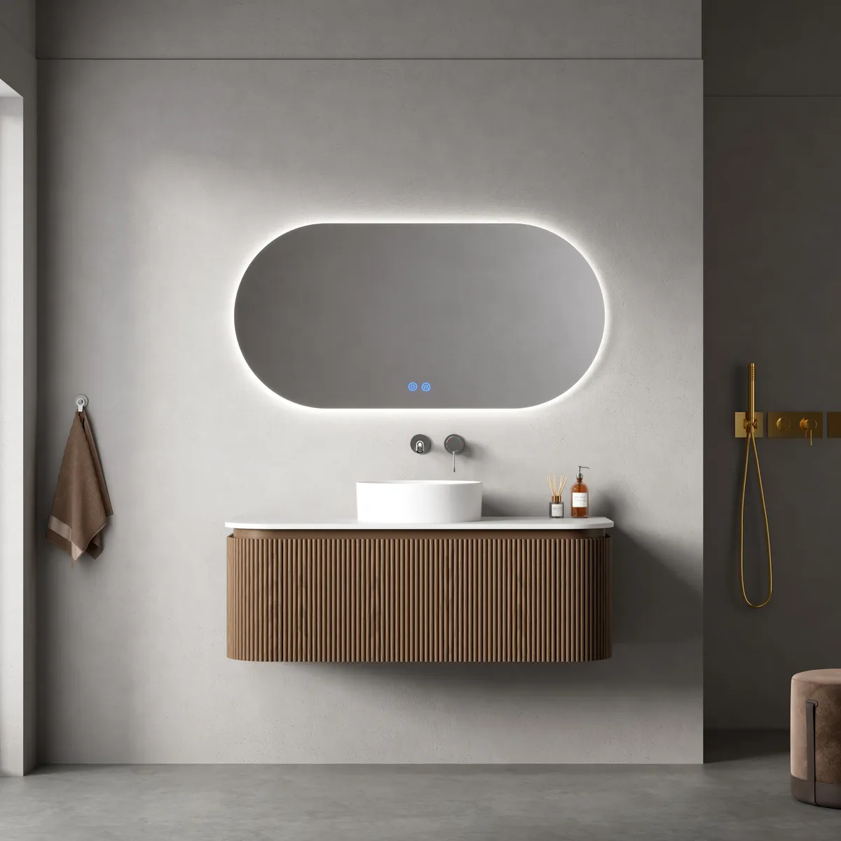 Sora Organic Modern Wall Mounted Bathroom Vanity Cabinet with Curved Side Drawers