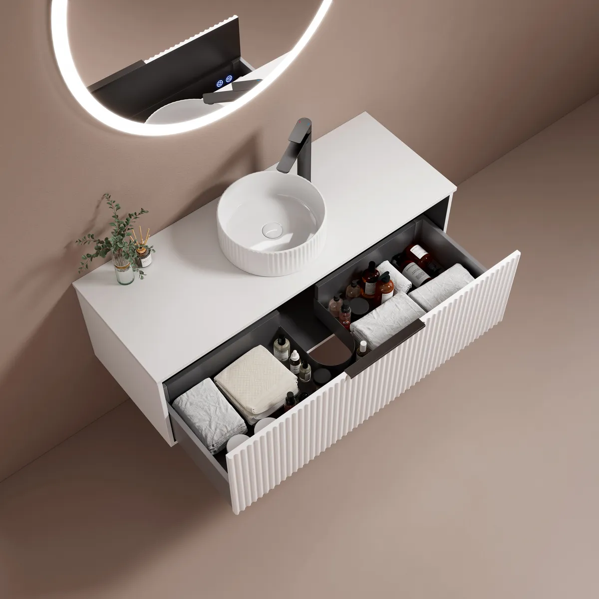 Linea Fluted Wall-Mounted Bathroom Vanity Cabinet with Single Vessel Basin storage detail
