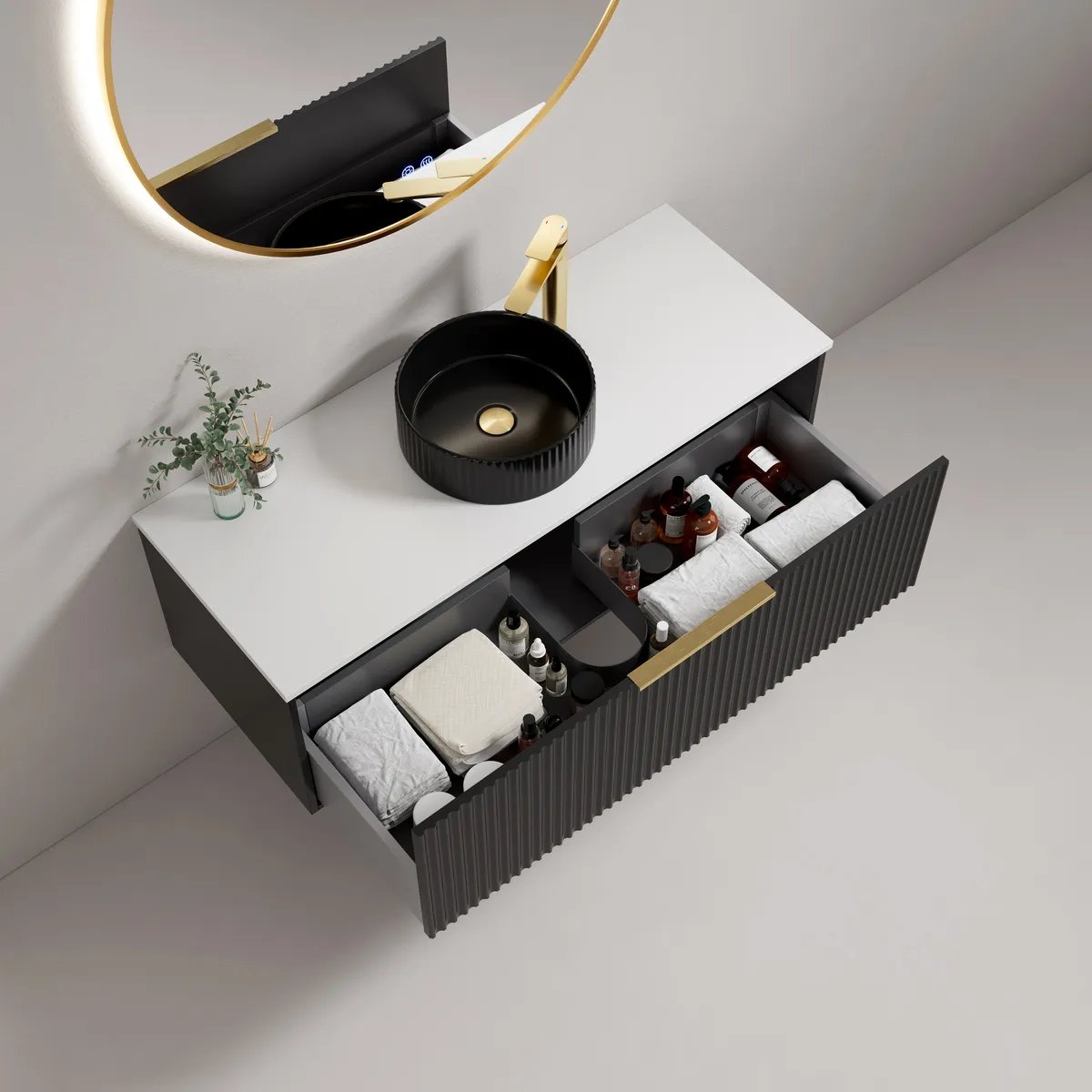 Linea Fluted Wall-Mounted Bathroom Vanity Cabinet with Single Vessel Basin storage detail