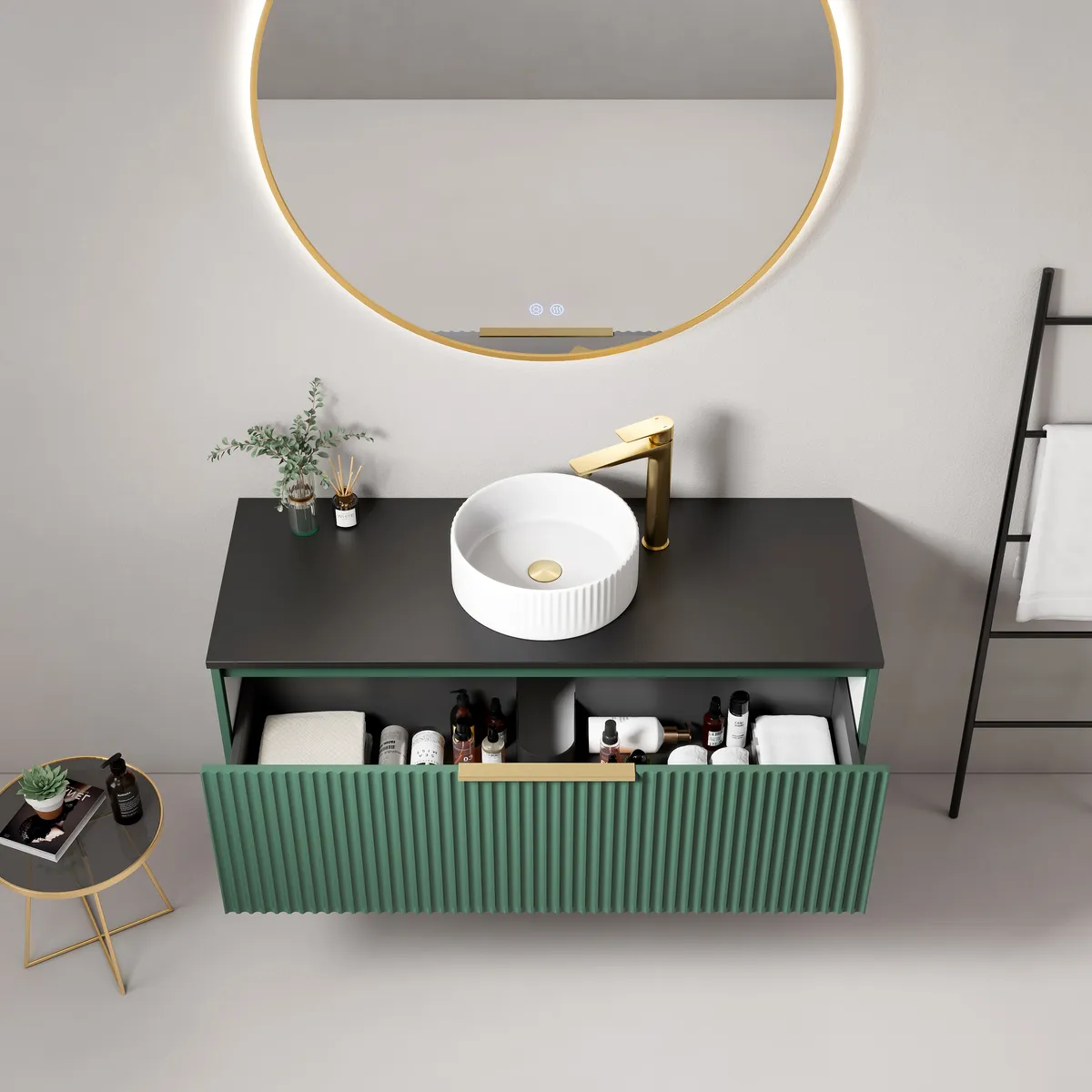 Linea Fluted Wall-Mounted Bathroom Vanity Cabinet with Single Vessel Basin storage detail