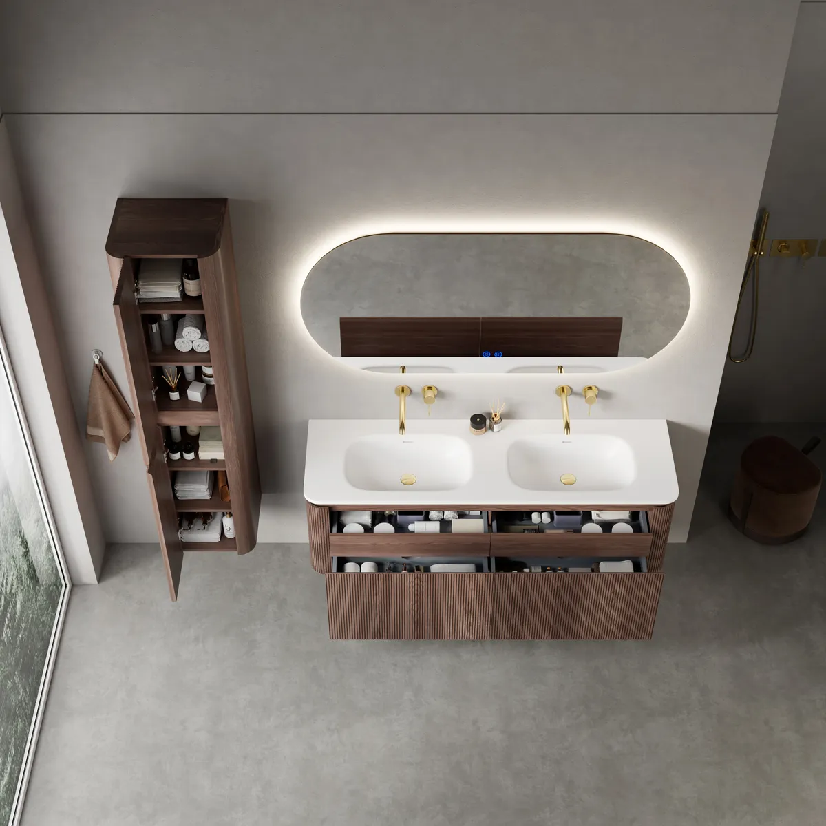 Lumi Modern Wall Mounted Bathroom Vanity Cabinet with Double Basin storage detail