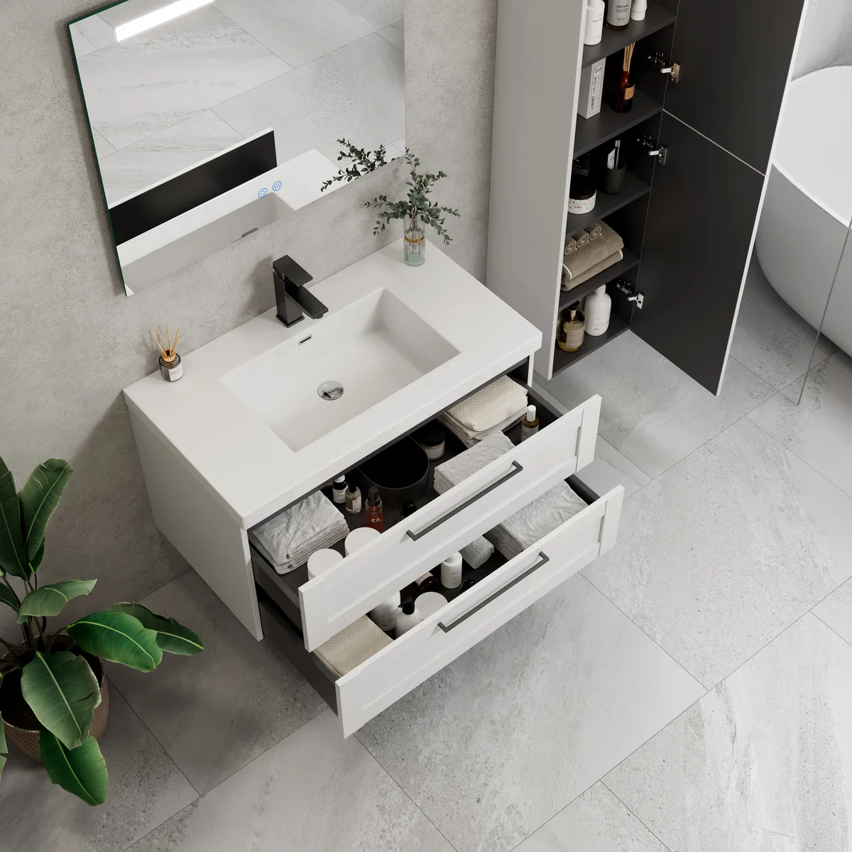 Luna Modern Wall Mounted Bathroom Vanity Cabinet with Single Basin storage detail