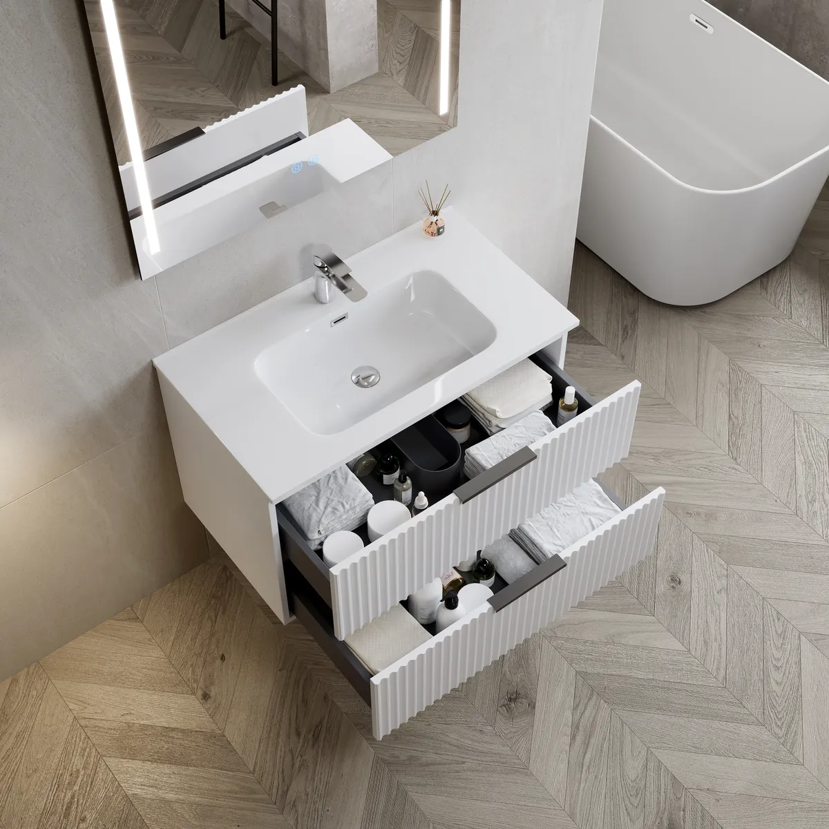 Linea Wall-Mounted Bathroom Vanity Cabinet with Single Basin storage detail