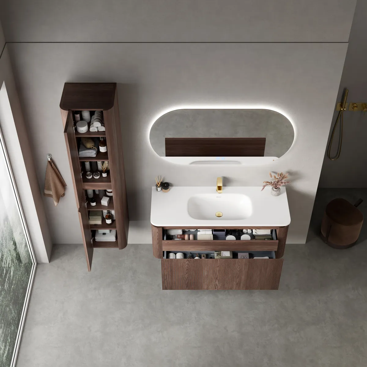 Lumi Modern Wall Mounted Bathroom Vanity Cabinet with Single Basin storage detail
