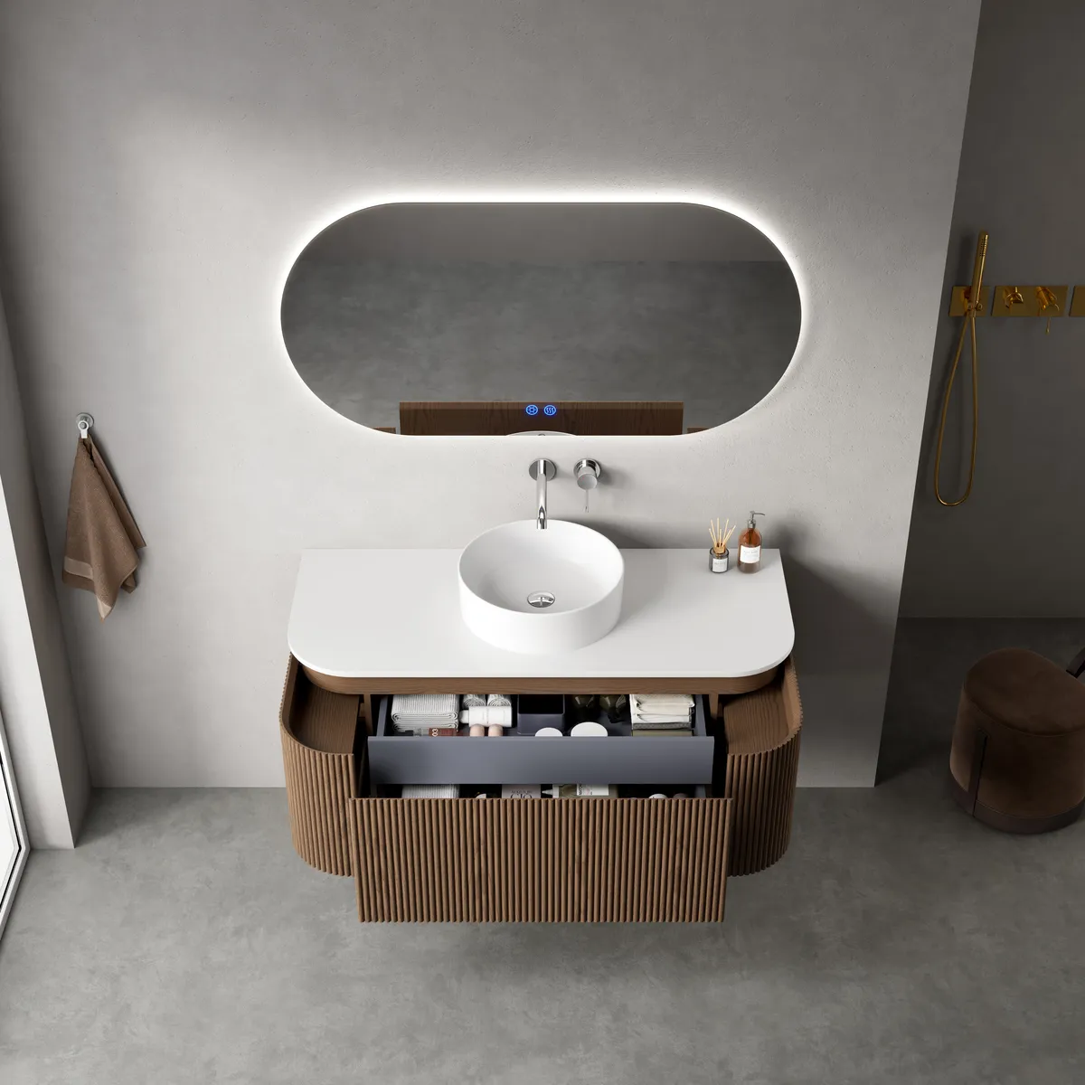 Sora Organic Modern Wall Mounted Bathroom Vanity Cabinet with Curved Side Drawers side view