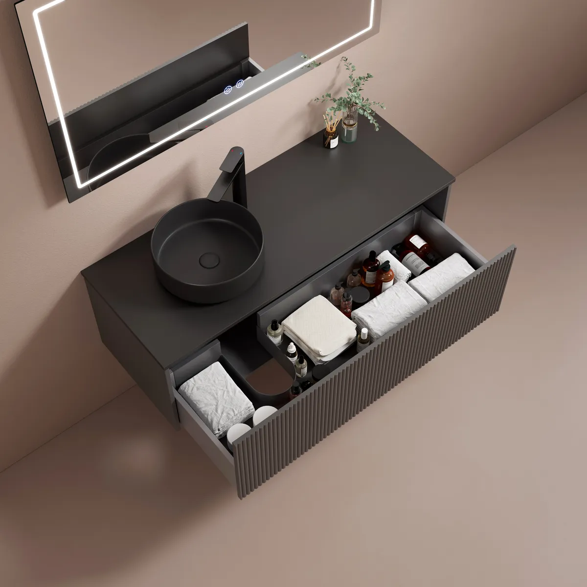 Linea Fluted Wall-Mounted Bathroom Vanity Cabinet with Single Vessel Basin storage detail