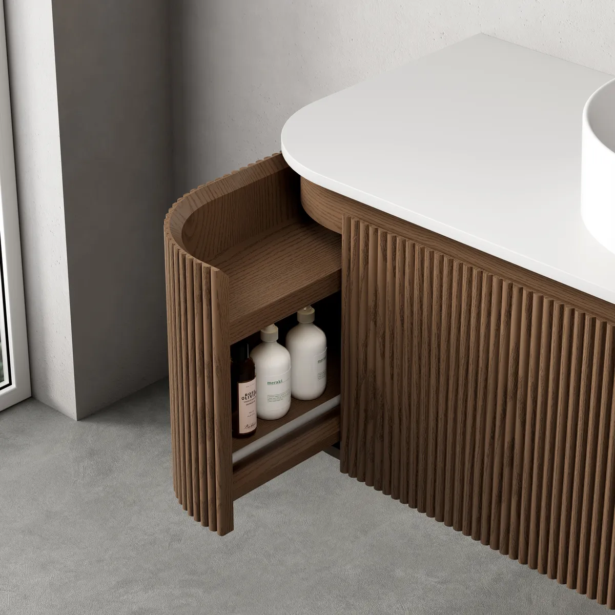 Sora Organic Modern Wall Mounted Bathroom Vanity Cabinet with Curved Side Drawers storage detail