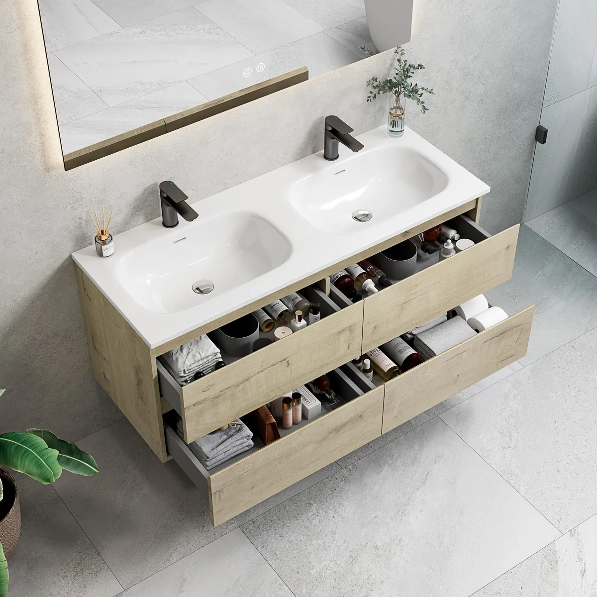 Roma Modern Wall Mounted Bathroom Vanity Cabinet with Double Basin - gallery view 1
