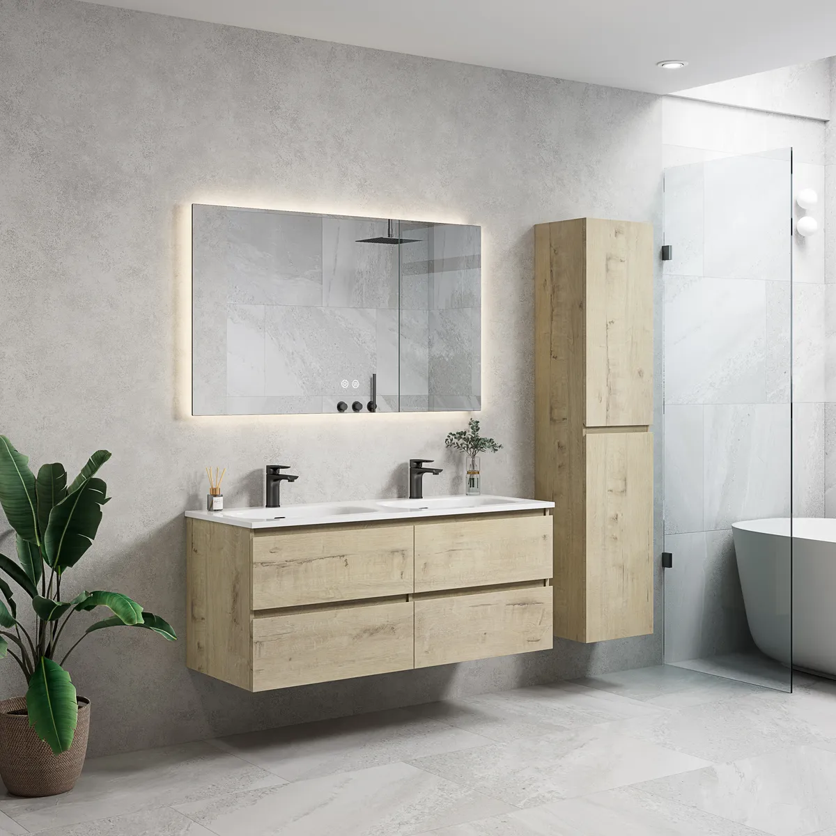 Roma Timeless Floating Oak Bathroom Vanity Cabinet with Double Basin